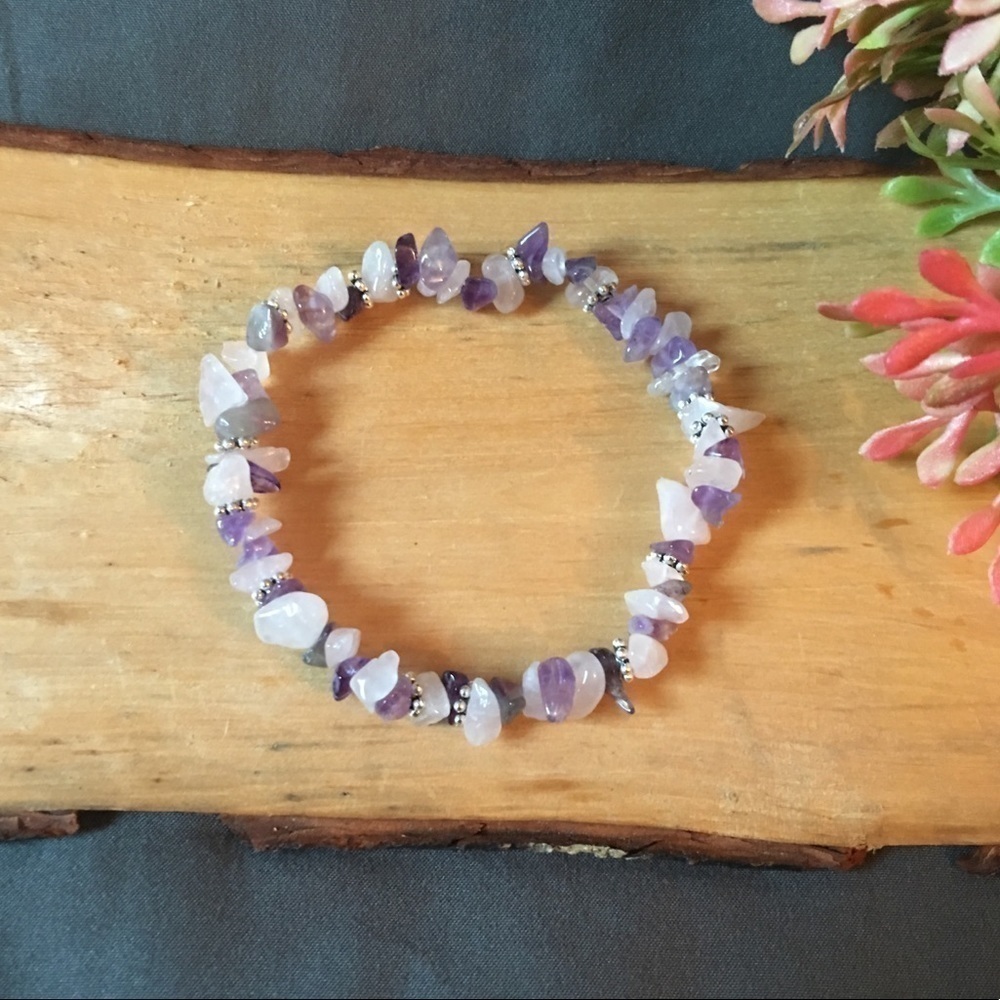 Pink rose quartz and purple amethyst bracelet